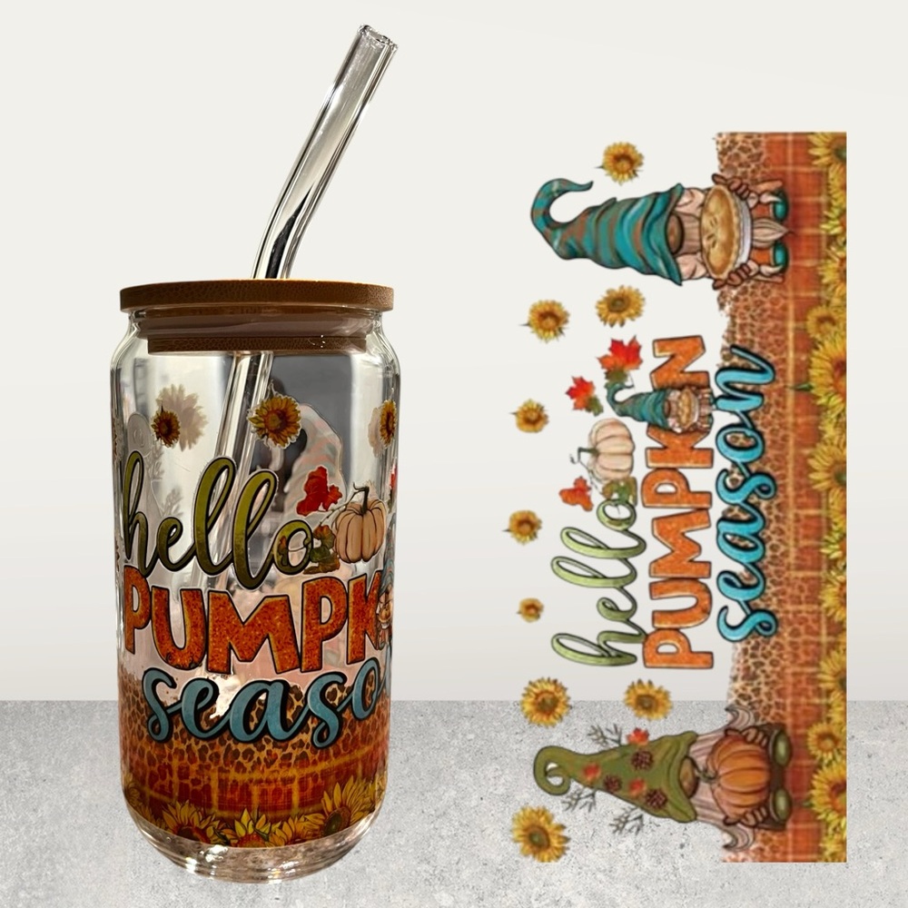 Gnomes Hello Pumpkin Season Glass Cup with Straw & Cleaner